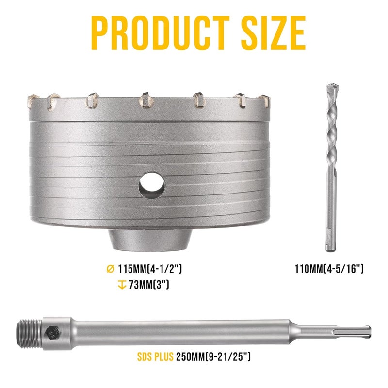 TGFTGF 115mm Concrete Hole Saw Kit, Tungsten Carbide Masonry Hole Saw Kit with 250mm SDS Plus Bit Shank Drill Bit Sets for Concrete, Brick, Stone, Cement, Tile, Wall Drilling - Image 2